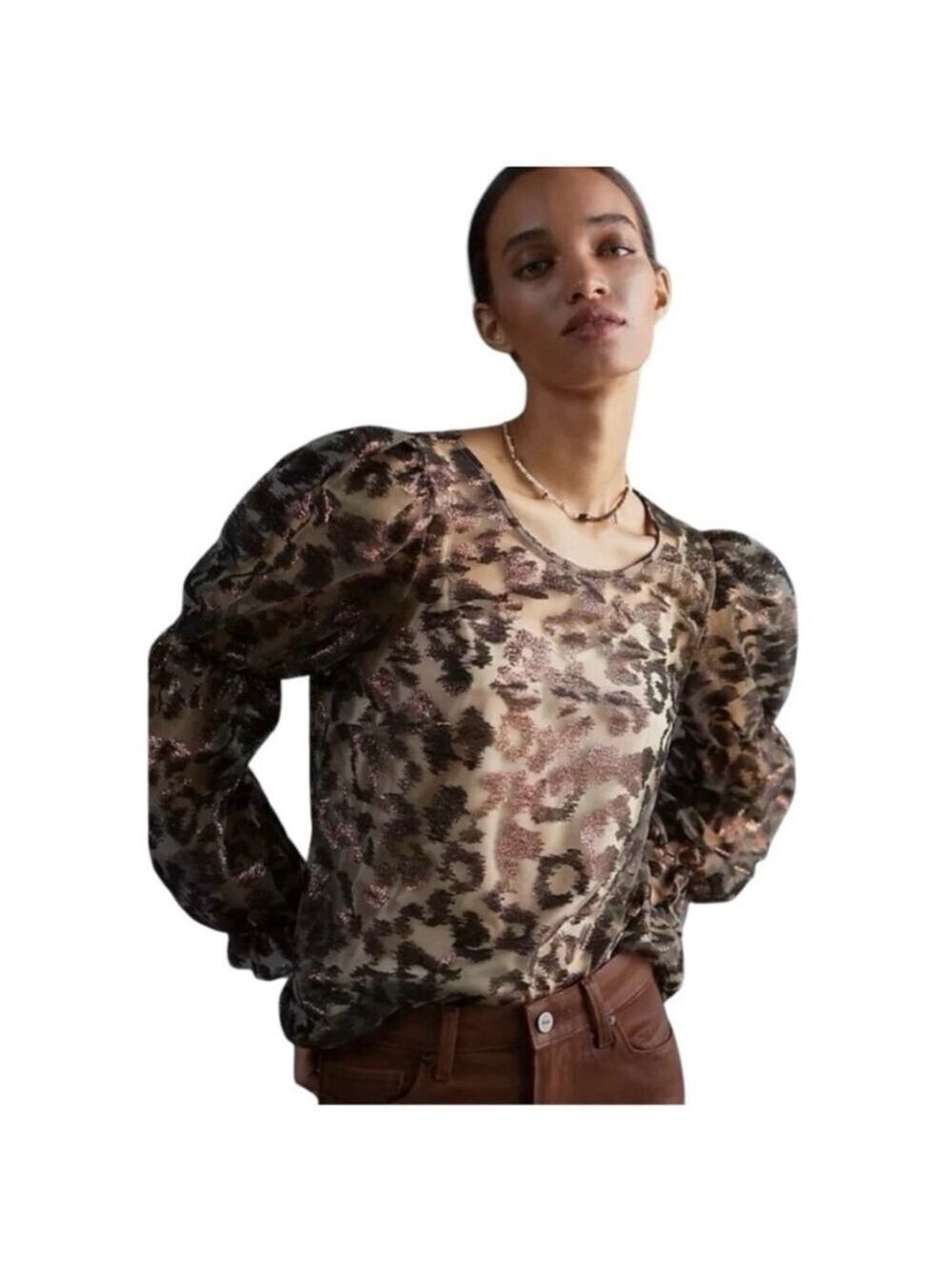 Anthropologie Eva Franco Sheer Lace Leopard Blouse Size M